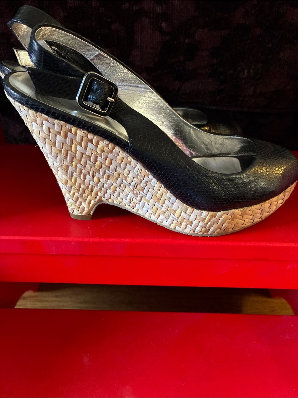 Banana Republic size 7 Black Leather Espadrille Wedge Slingback Heels worn once!